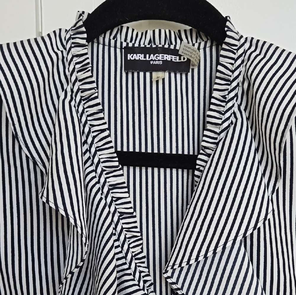 Karl Lagerfeld Black and White Striped Blazer with Ruffled Collar